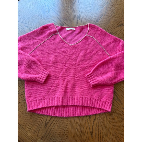 Anthropologie Pink Wool Alpaca Blend V-Neck Chain Trim Sweater Small - Picture 2 of 8